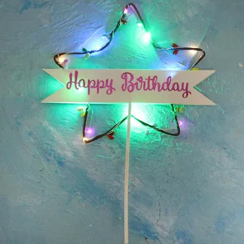 

Romantic Crown Star Flower Garland Leds Light Up Cake Topper Flag Cake Decoration Wedding Birthday Party Decor Christmas
