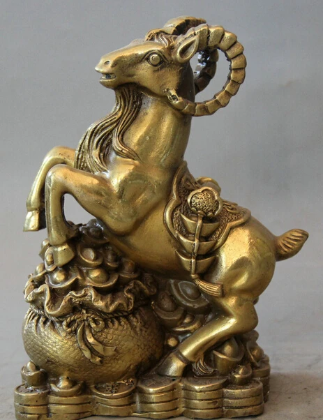 

JP S061 8" Chinese Brass Wealth Ru Yi moneybag Zodiac Year Sheep Goat sculpture Statue (B0413)