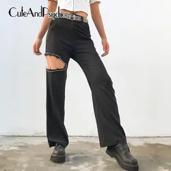 2019 Женские повседневные свободные брюки с цепочкой черные брюки прямой с высокой талией брюки Капри уличная одежда Cuteandpsycho