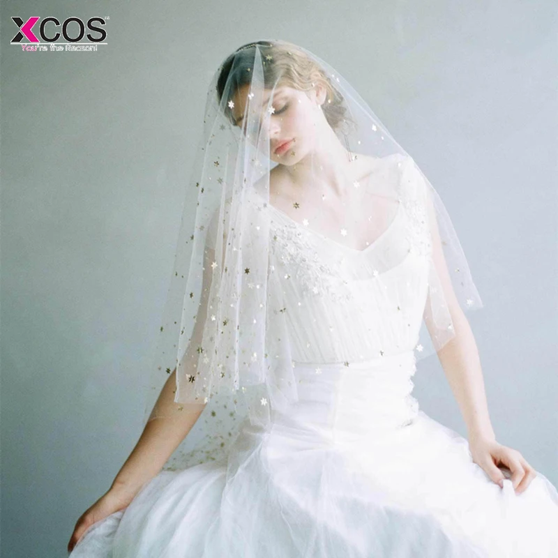 

White/Ivory Elbow Length Cut Edge Bridal Head Veil With Comb Gold Five Star Short Wedding Veil Accessories voile de mariee