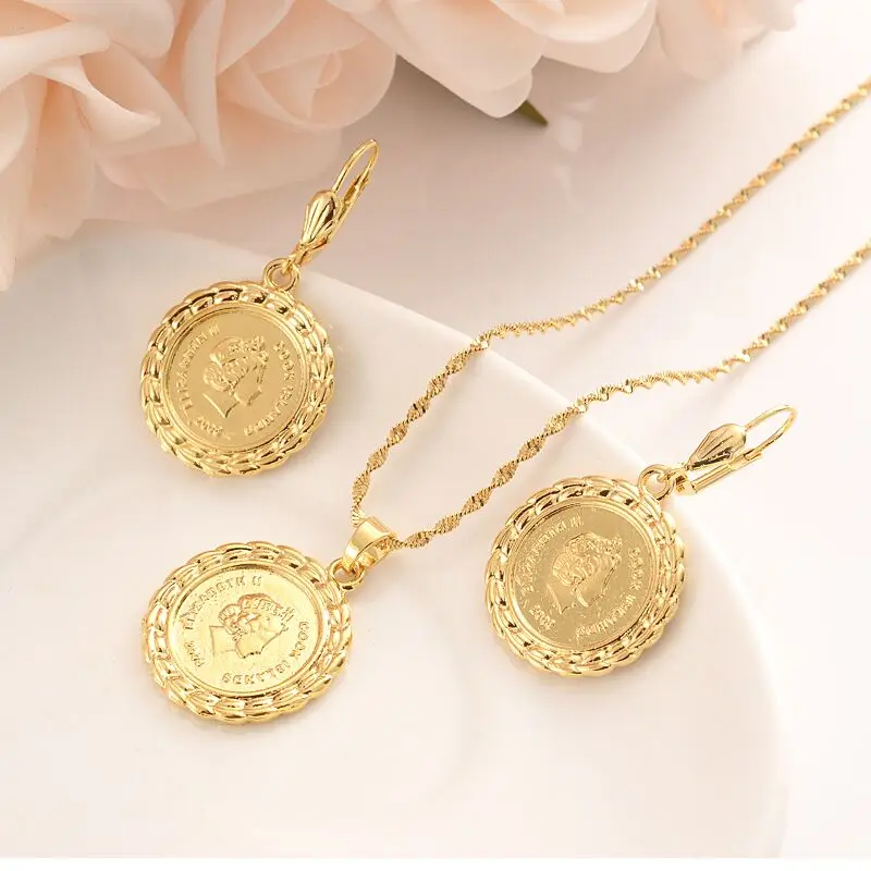 

24k k Solid gold GF jewelry set chain women wedding British Solomon Islands Ten Cents Coin Sea Spirit Ngoreru Elizabeth