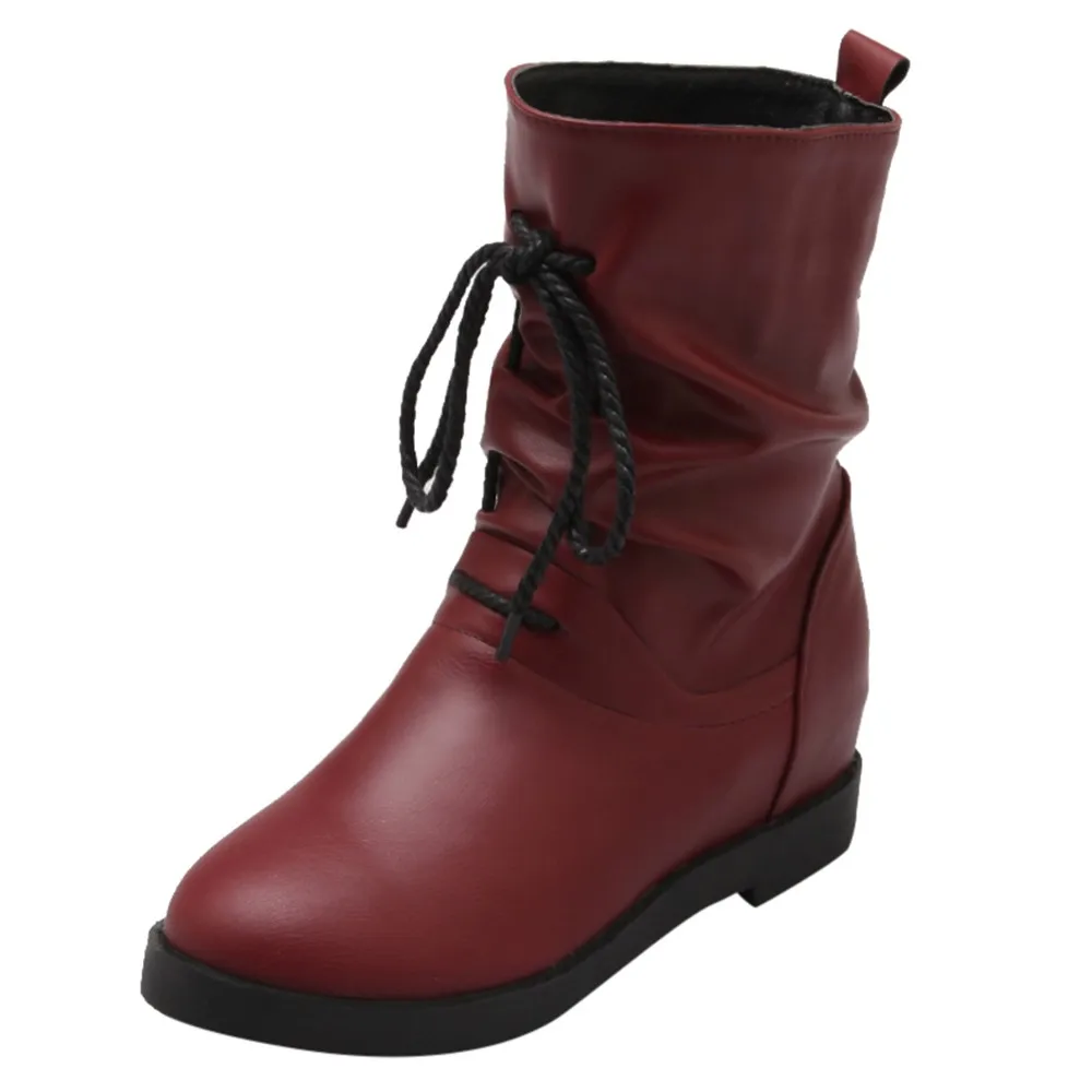 Women Solid European Winter Retro Leather Increase Tie Martin Short