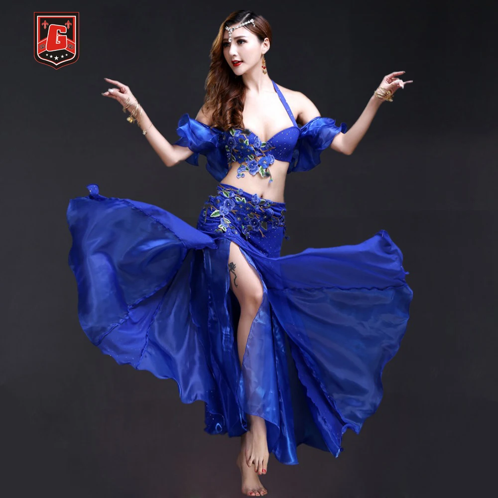 New Belly Dance Costume Outfit Set Bra Belt Skirt Dress Bollywood Carnival 3PCS 
