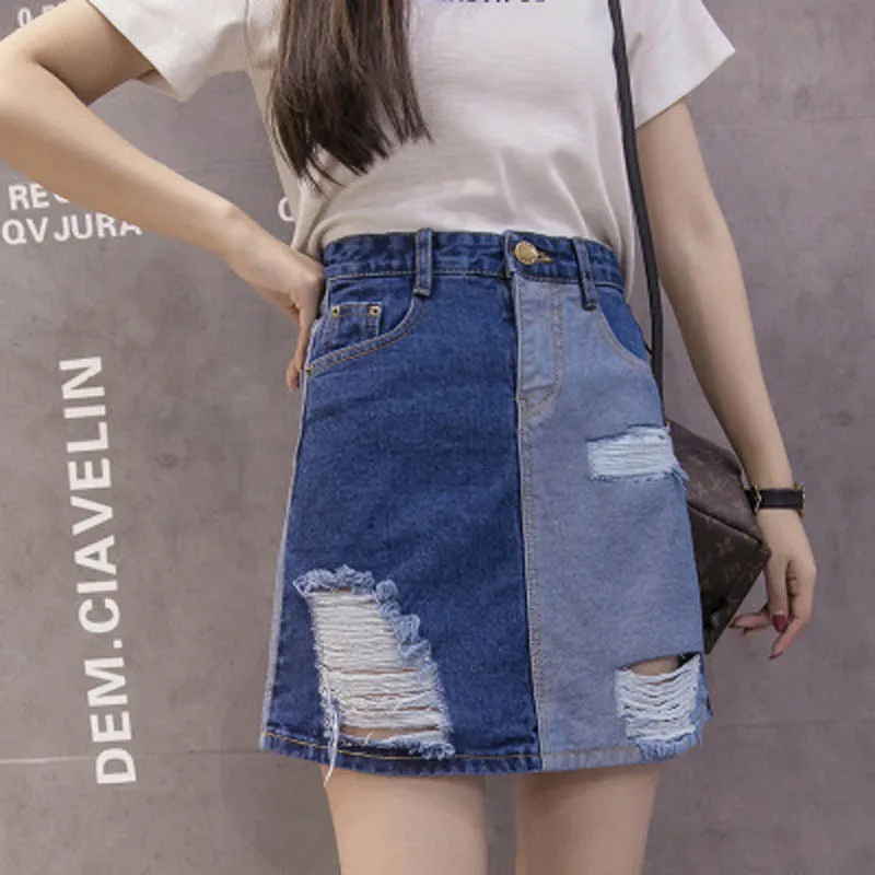 

Ladies' Large Size Clothing Denim Skirt Hole Splice Washed A-line Skirt Casual Style Comfortable Fabric Freshand Sweet HighWaist