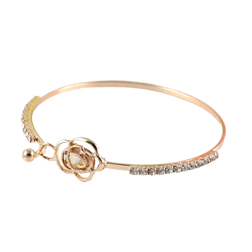 Elegant Women's Crystal Rose Flower Bangle Cuff Bracelet Jewelry Gold