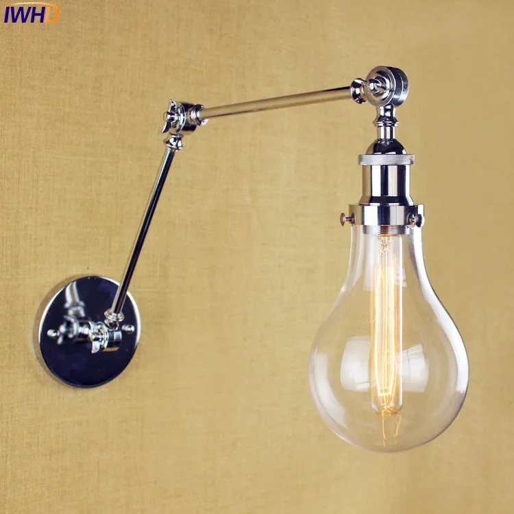 

IWHD Silver Antique Wall Light Fixtures Bedroom Glass Lampshade Long Arm Vintage Industrial Wall Lamp Edison Lampe Murale