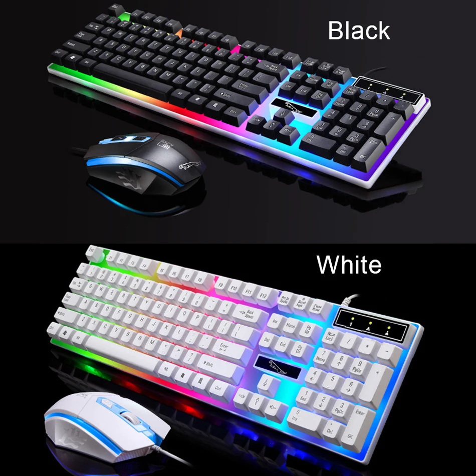 Проводная игровая мышь Клавиатура Набор с RGB светодиодный подсветка клавиатура мышь комбо для геймера 104 клавиш черный/белый