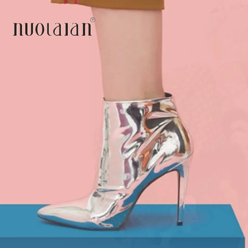 Otoño Invierno botas para mujer, botines de mujer de cuero metalizado dorado plateado, botas de tacón alto con punta estrecha, zapatos sexis para mujer|Botas hasta el tobillo| - AliExpress