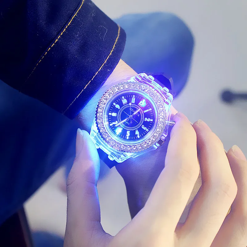 Mens Geneva diamond women crystal 7 colors led light watch unisex ...