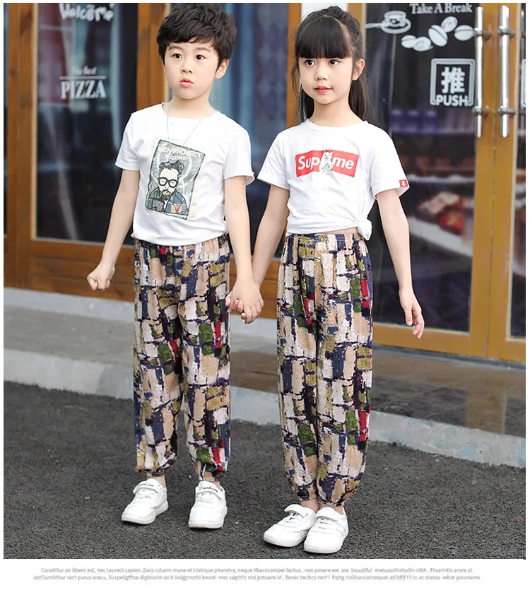 Детские летние тонкие анти-Противомоскитные штаны из хлопка, костюмы для мальчиков и девочек, стилизованные под шелковое печатное джоггеры подростка шаровары модная детская одежда