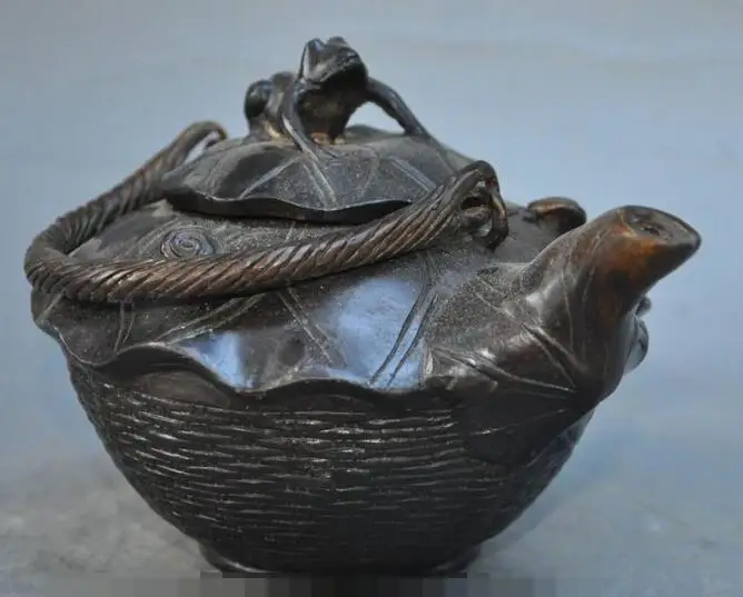 

S05703 7" marked china chinese bronze frog lotus leaves statue Wine Tea Pot Flagon jar