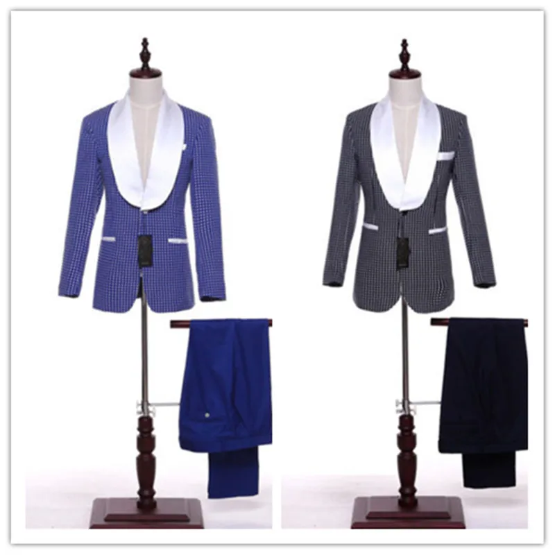

New Custom Made Blue Dot 2 Pieces Groom Wedding Series Tuxedo Men's Suits Retro Fishbone Suits Formal Party Gentleman