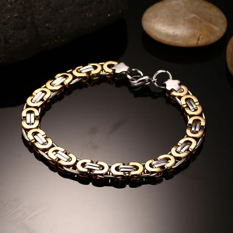 

9mm Mens Flat Byzantine Chian Bracelet in Stainless Steel Two Tone Gold Silver Wrist Braslet Bileklik Armband Male Jewelry 9"