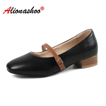 

Thick Heels Shoes Women Pumps Patchwork Square Toe OL Work Shoes Slip On Med Heels Spring Footwear Large Size 34-43