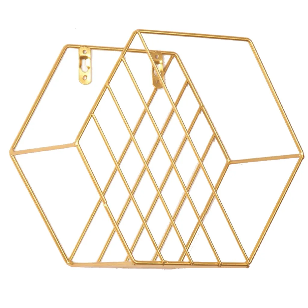 Нордическая металлическая сетка/полоса настенная подвесная полка, шестигранная Удобная стойка для хранения, держатель, геометрическая фигура, настенная декорация для дома@ C - Цвет: Gold