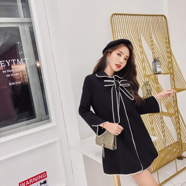 New Autumn 2018 High Quality Black Korean Dress Elegant Women Beading ...