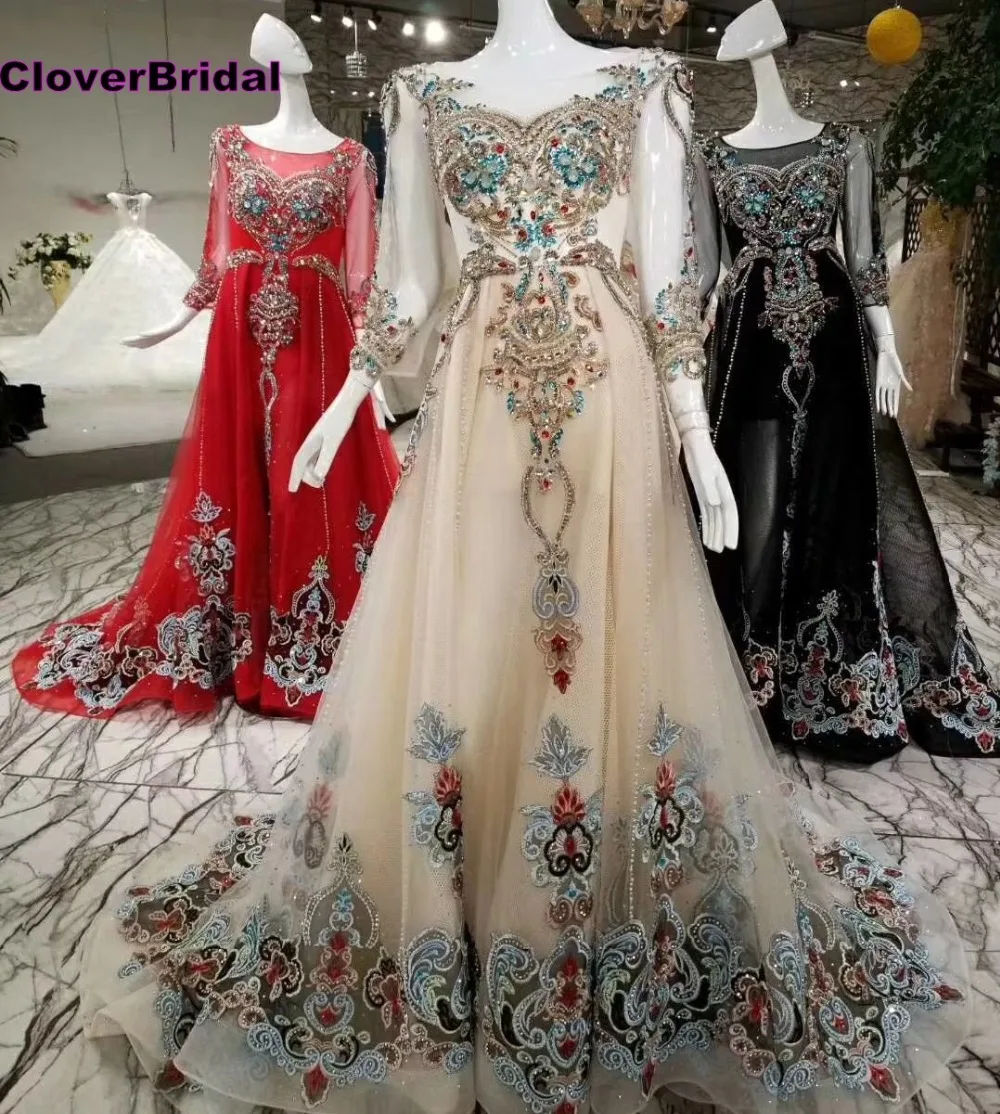 

CloverBridal red black light champagne luxury stunning rhinestones gemstone drill indian gown dresses A-line three quarter