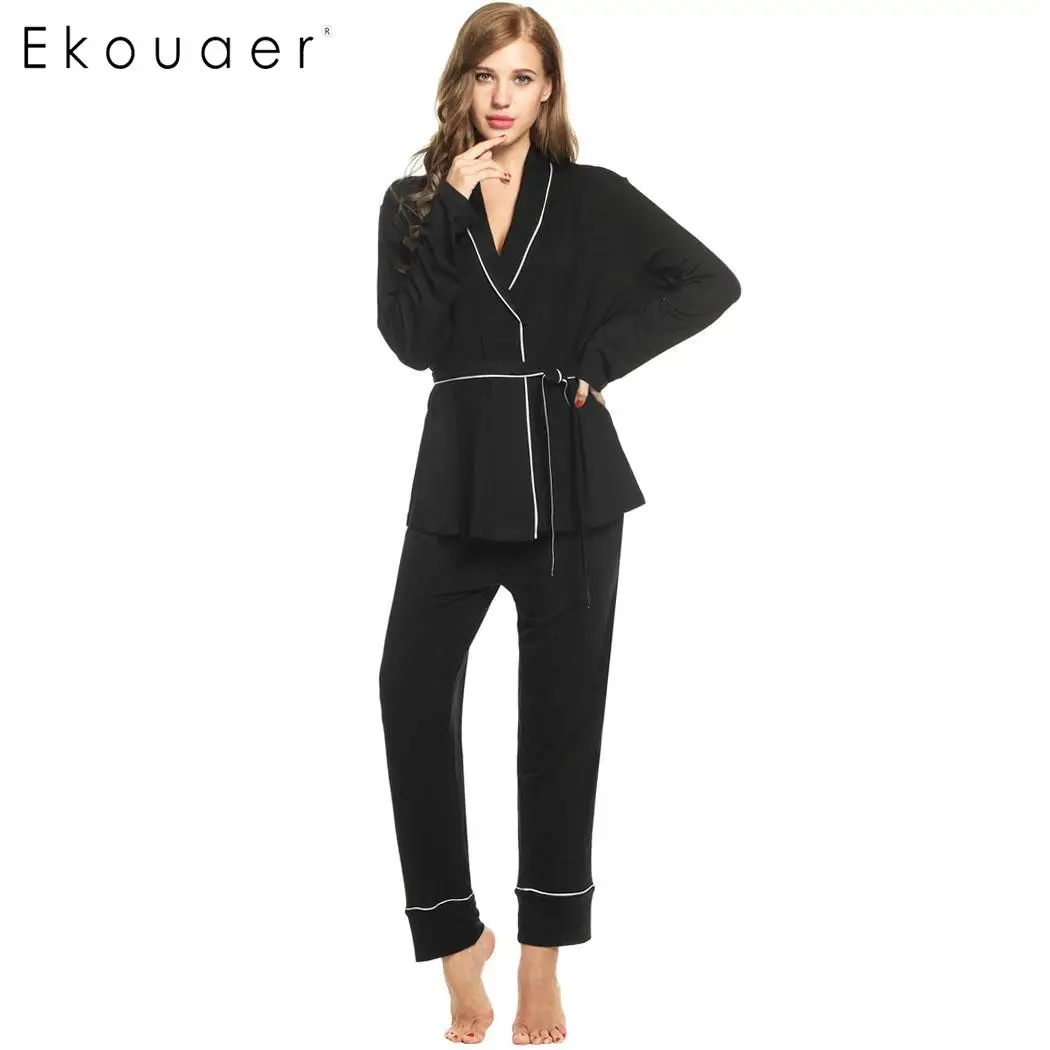 

Ekouaer Womens Pajamas Long Sleeve Solid Stretch Sleepwear Set Contrast Color Turn Down Collar Nightwear Two Pieces Pajamas Sets