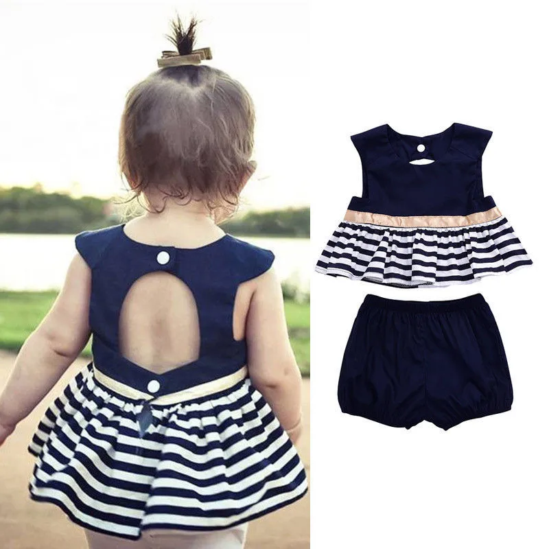 0 18M Summer Casual Newborn Baby Girl Navy Blue Dress Sleeveless Top