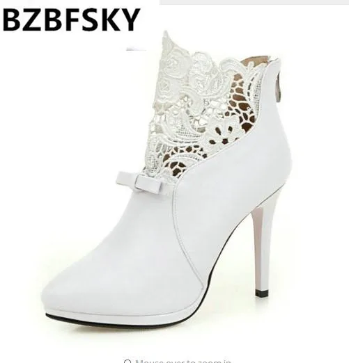 

BZBFSKYAutumn White Wedding Shoes 2017 Sexy Women Boots Lace Thin High-Heel PU Ankle Boots Pointed Toe Bow Tie Boots Size 34-42