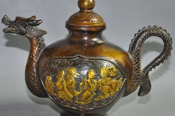 

Free shipping 8"chinese myth bronze gilt 8 god seat dragon lucky Statue Flagon Teapot Wine Pot