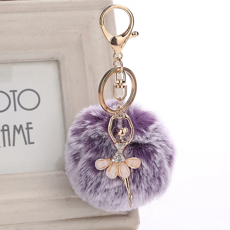 

8cm New Dance BALLET Girl Keyrings Rex Rabbit Fur Ball PomPom key chain Charm Car Keychain Handbag Key Ring Pendant 6 colors