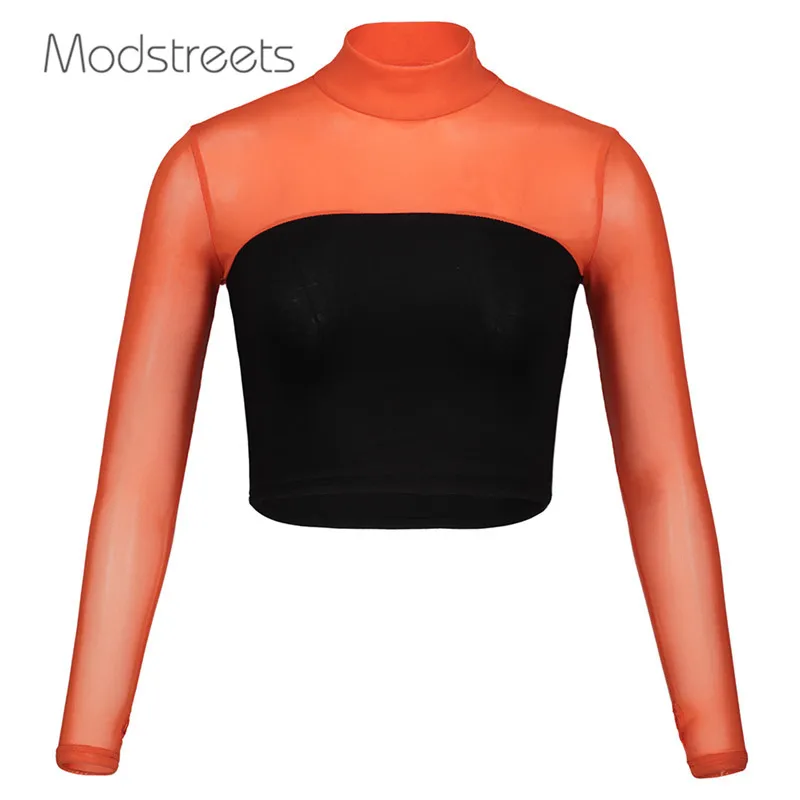 

Modstreets Tops Women Spring long Sleeve Patchwork Slim Orange Turtleneck T-shirts Girls Tees Streetwear Casual Short T-Shirt
