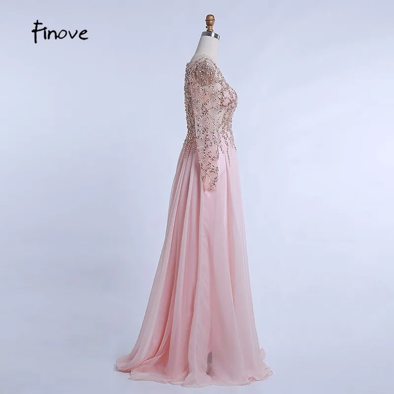 Finove Prom Dresses Long 2020 Long Sleeve Crystals Beading By Hand Sexy See-through A-Line Bridesmaid Dresses Robe de Soiree