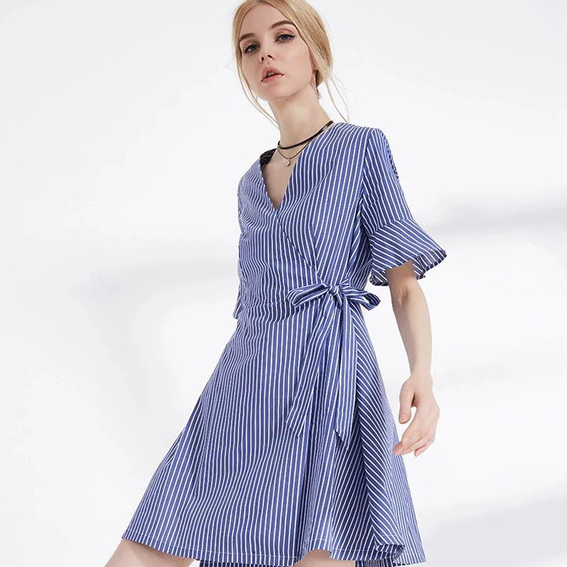 2019 new summer women half sleeve cotton dress s xl blue striped casual
