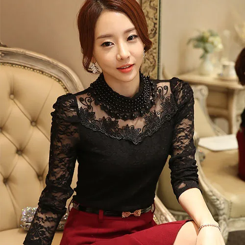 

2019 New Fashion long sleeve blouse shirts women fashion beaded Blusas femininas Sexy Plus size Lace Tops Women clothing 800B 25