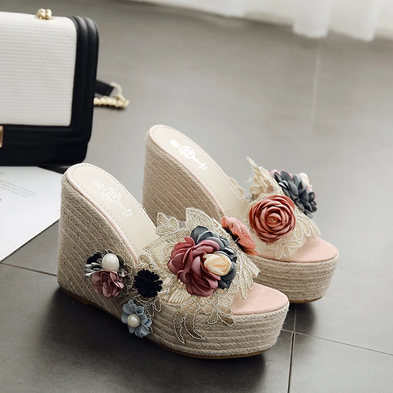 

12CM Wedge Super High Heel Sandals Waterproof Platform Muffin Thick Bottom Hemp Woven Transparent Pearl Flower Slippers