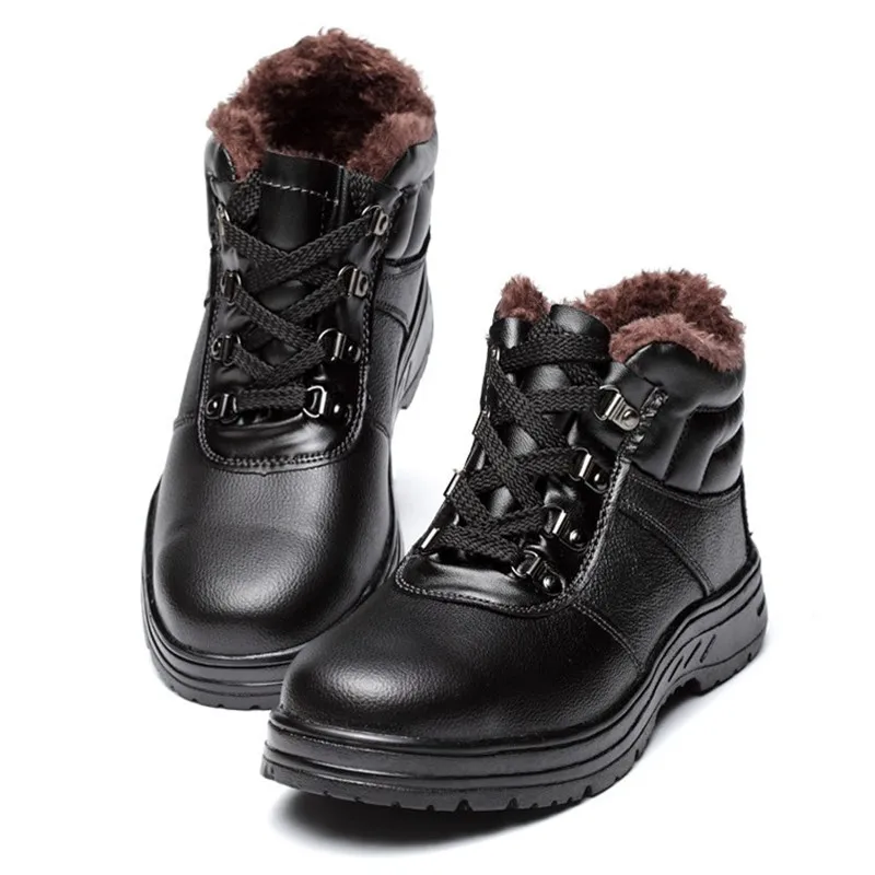 Зимняя защитная обувь; мужские ботинки; обувь из натуральной кожи со стальным носком; теплые плюшевые легкие дышащие повседневные рабочие ботинки с защитой от проколов
