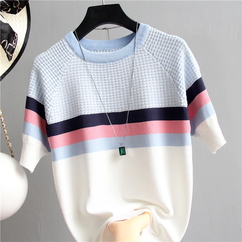 

shintimes Short Sleeve Sweater Women Striped Top 2019 Plaid Knitted Cotton Korean Style Woman Clothes Camisetas Mujer Pull Femme