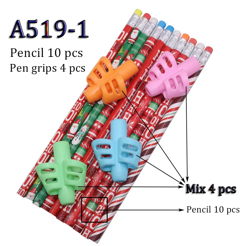 Stationery set Christmas pencil 10 pcs plus 4 pcs pen grip Four-color mixing writing tool School supplies Device to hold pen