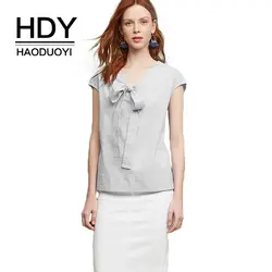 HDY Haoduoyi одежда однотонная серая Для женщин рубашки v-образным вырезом лук короткий рукав Ruched леди топы элегантный дизайн сладкий