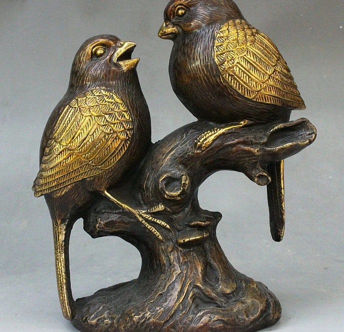 

9" Old China Palace FengShui Bronze Gilt Wealth 2 Bird Sparrow On Tree Statue