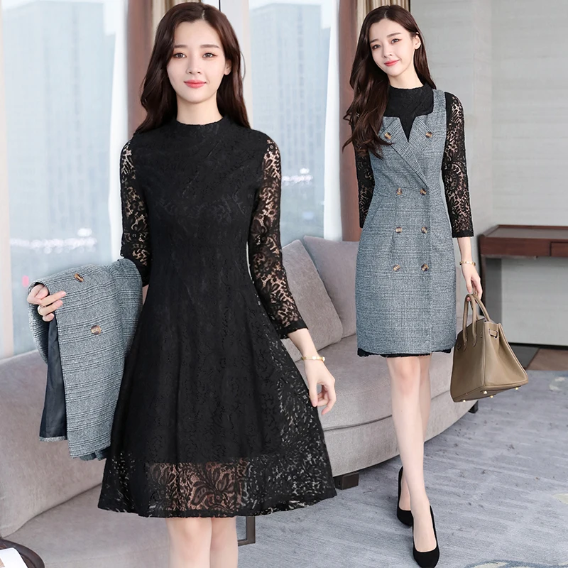 

Plus Size 2019 Autumn Winter New Sexy Lace Midi Dresses Women Elegant Korean Bodycon Two-piece Dress Party Long Sleeve Vestidos