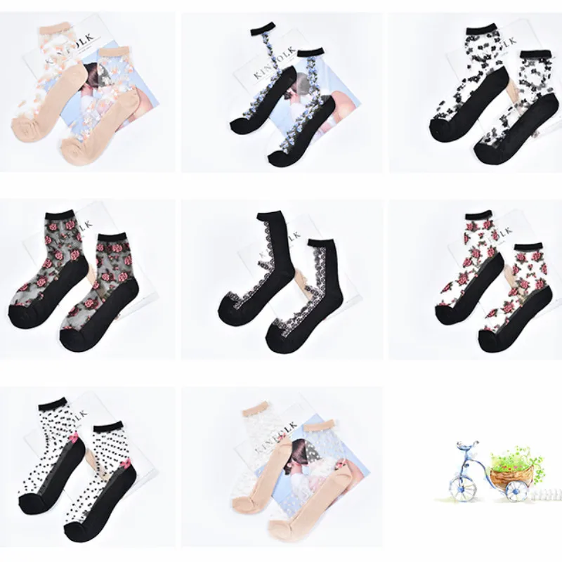 10 пар, новинка, женские весенне-летние шелковые носки с цветочным рисунком, милые сексуальные жаккардовые прозрачные тонкие дышащие короткие носки
