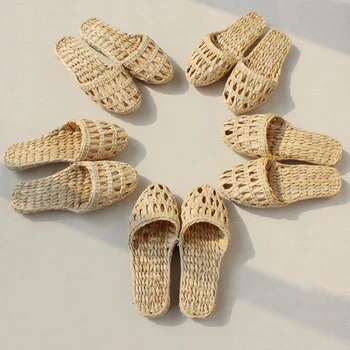 

AGESEA fashion women's men's straw slippers handmade Chinese sandals XL 34-44 unisex summer home shoes new couple shoes lstycx2