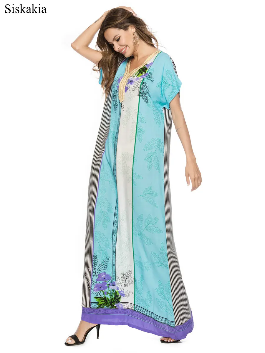 Siskakia Stripe Print Maxi Long Dress Women Elegant Loose Bohemia Style Female Long Dresses Light Blue V Neck Short Sleeve New (5)