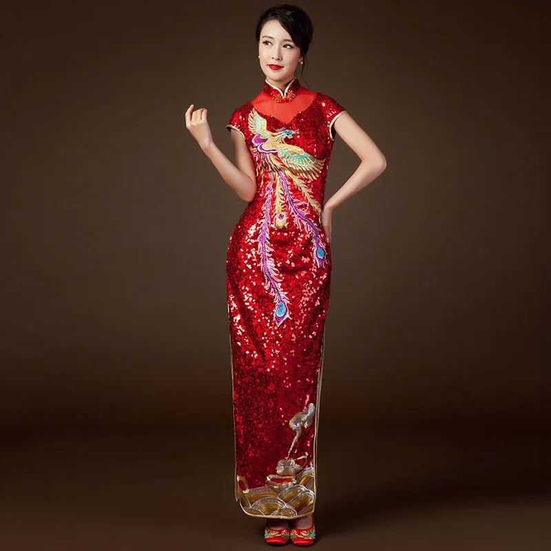 Красный Блёстки вышитые Cheongsam пикантные китайское платье Qipao Современная Платья для вечеринок Vestido Восточный халат chinoise Свадебные WL