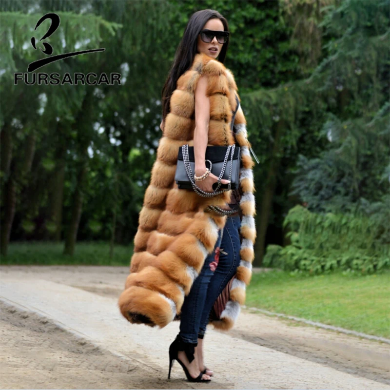 

FURSARCAR 2019 Luxury Real Gold Fox Fur Vest For Women O-Neck Winter Natural Genuine Fox Fur Gilet 120 CM Long Waistcoat Clothes