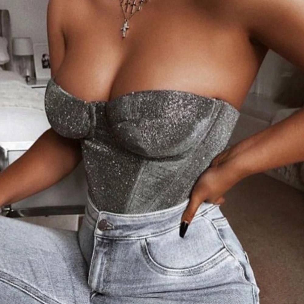 

Tosheiny 2019 Women Sexy Glitter Crop Solid Color Tank Elastic Off Shoulder Short Top XB19301