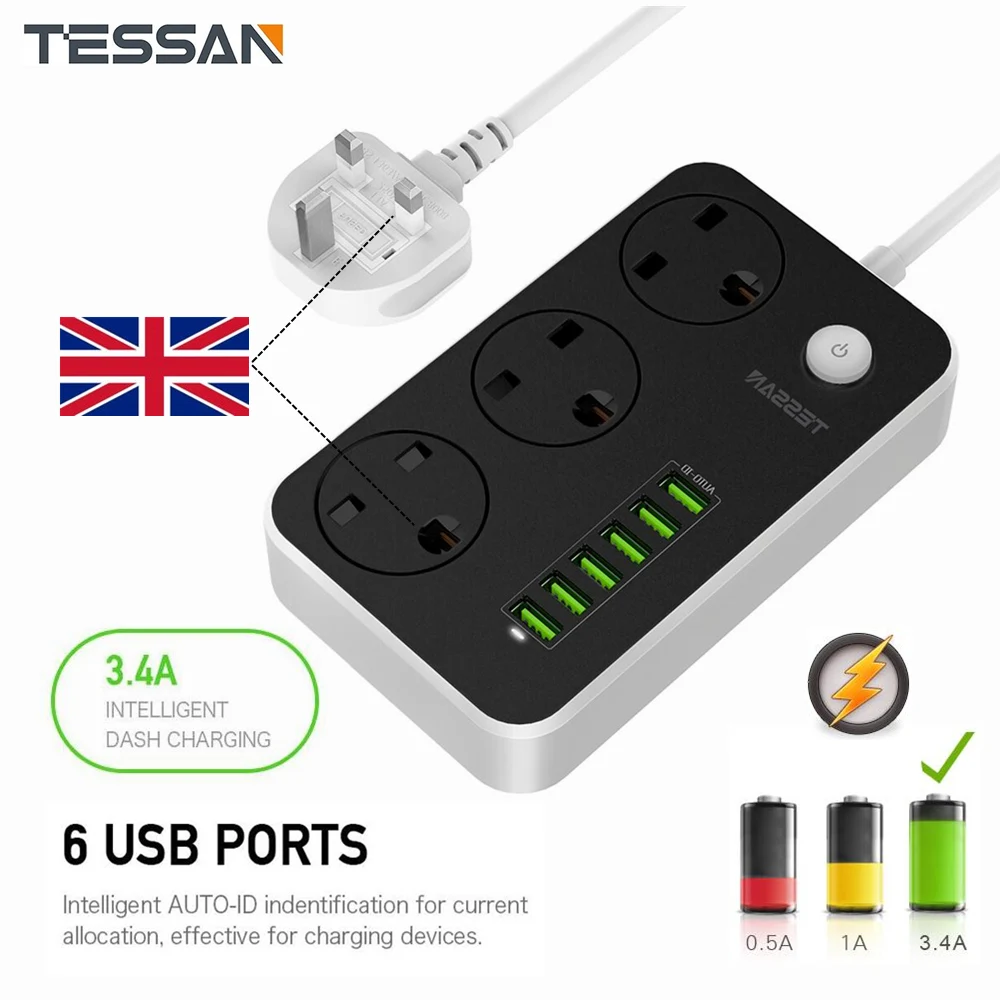 

TESSAN 3 AC 6 USB Outlet Extension Socket Desktop Charging Station Multi USB Port Power Strip Switched Socket 6.6ft Cord for UK