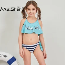 Купальная Одежда для девочек от 2 до 12 лет полосатое бикини для маленькой девочки с буквенным принтом, купальный костюм для маленьких девочек детский купальный костюм из двух предметов синий