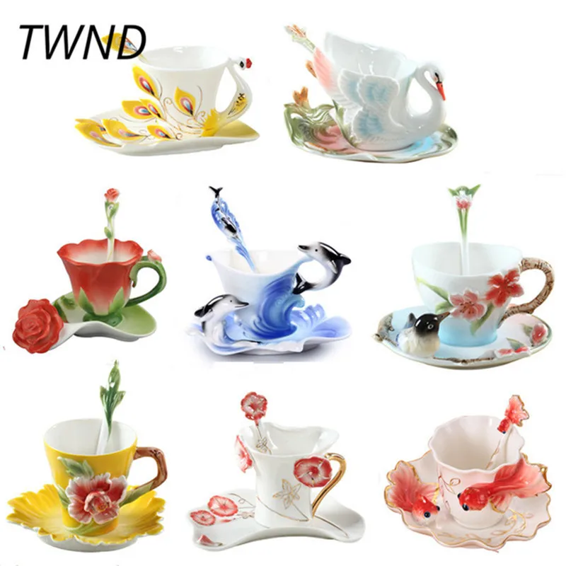 cheap Enamel Coffee Mugs Procelain Tea Cups and Mugs With Saucer Spoon Creative Drinkware