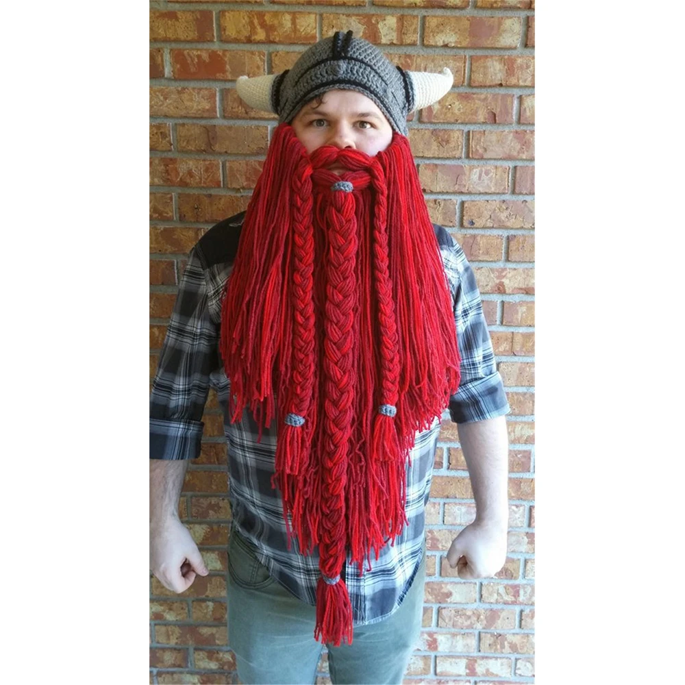 

Cosplay Party Festival Fashion Accessories Men Knit Barbarian Vagabond Long Beard Viking Horn Beanie Hat Funny Crazy Cap Winter