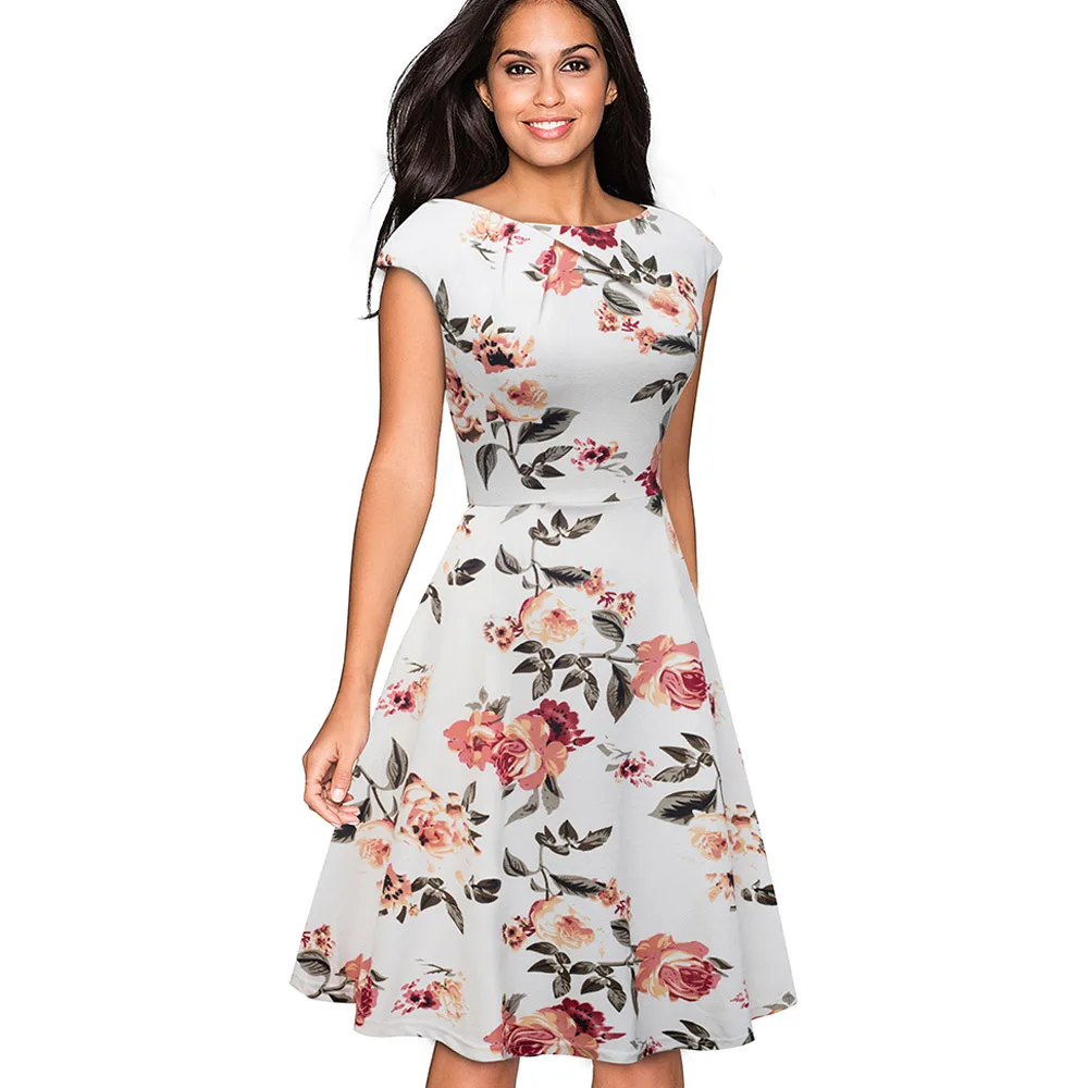 Элегантные вечерние платья в винтажном стиле с цветочным принтом, платье трапециевидной формы с рукавом-крылышком для женщин btyA067 - Цвет: White Floral