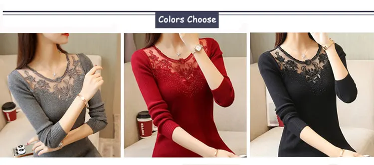 Personality Diamonds Sweater Women Sexy Lace Mesh Patchwrok Sweater Autumn Casual O-neck Knitted Sweaters And Pullovers 2019 (1)