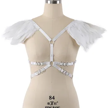 

White Feather Epaulette Bondage belt boho Lingerie vest angel wings Body Harness bra Festival Dance Rave Outfits